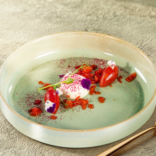 Bazyliowa Panna cotta granita z pomidorów/ galaretka z pomidorów Bazyliowa Panna cotta granita z pomidorów/ galaretka z pomidorów